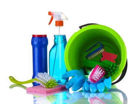 Cleaning staff following safe working practices with protective equipment